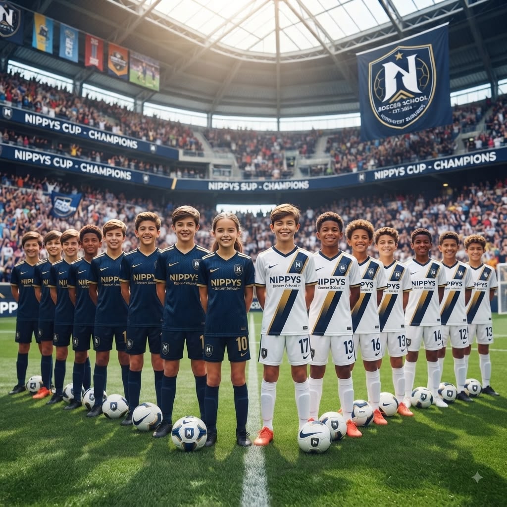 NIPPYS Soccer School team lined up on the pitch in navy and gold kits